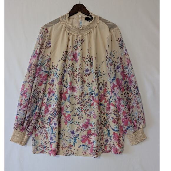 Suzanne Betro Ivory Floral Sheer Smock Neck Blouse Womens Size XL Lightweight - Picture 1 of 8